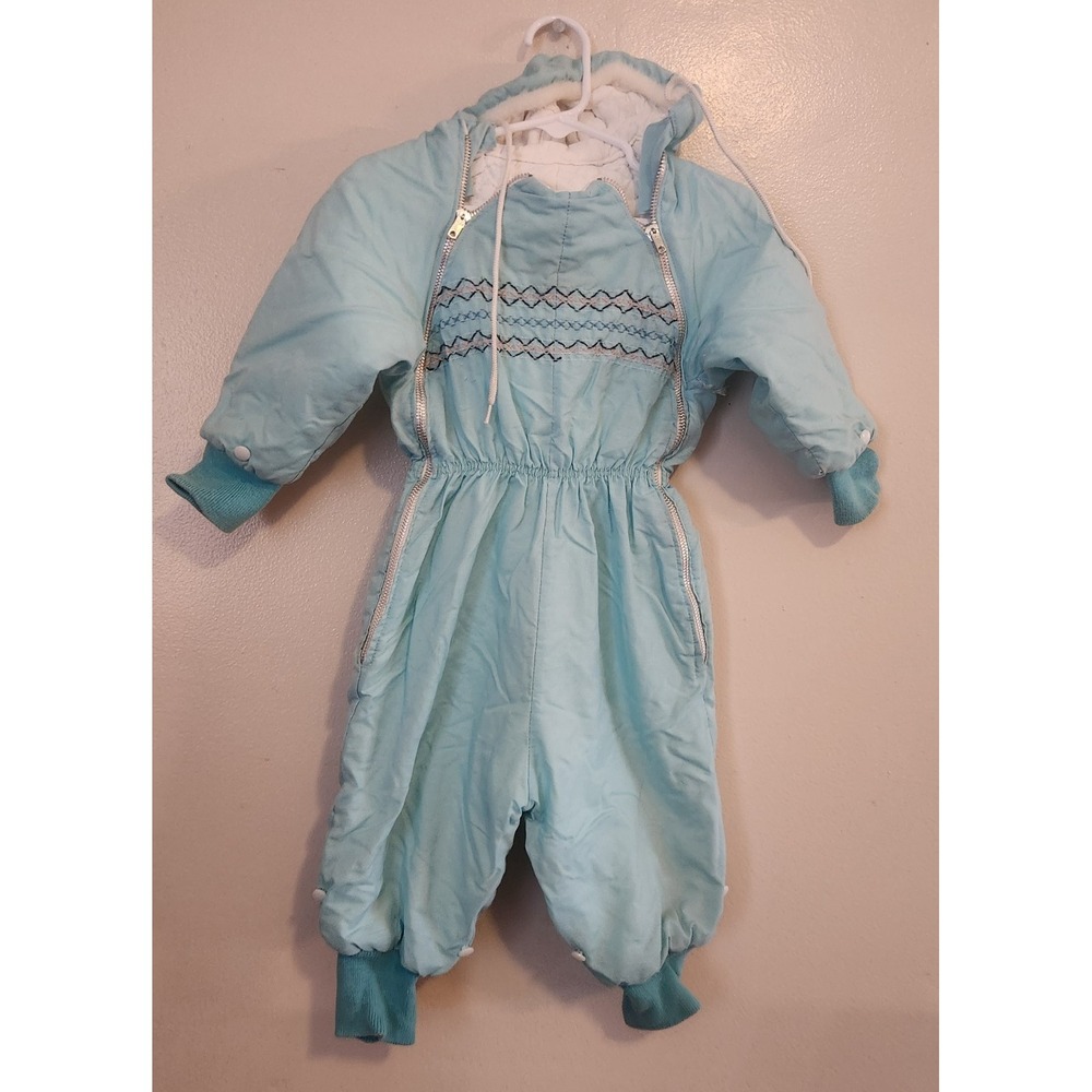 Vintage Kids‎ Snowsuit Handmade Blue White Piping Quilted No Tag 1970s